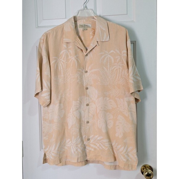 Tommy Bahama Hawaiian Button Shirt Mens Large Silk Orange S/S Palm Trees Floral - Picture 1 of 10